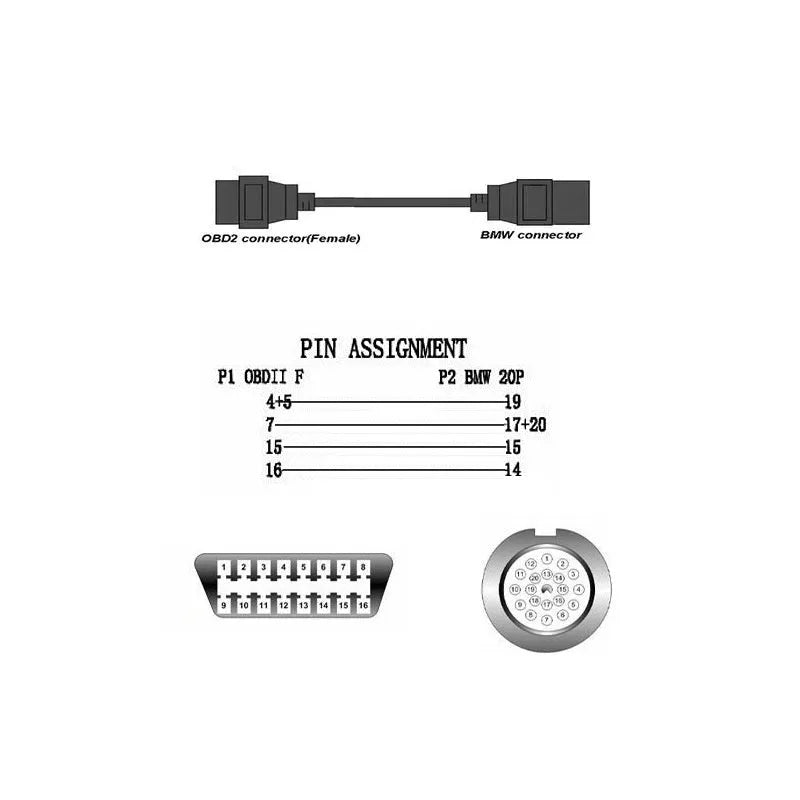 BMW OBD2 diagnostic adapter cable showing 20-pin connector and standard 16-pin OBD2 connector