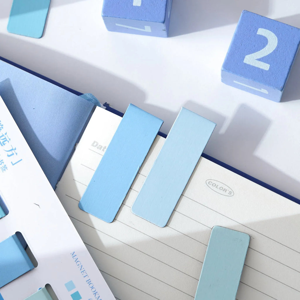 Set of four miniature magnetic bookmarks in Morandi colour block styles including Soft Evening Breeze and Gentle Twilight