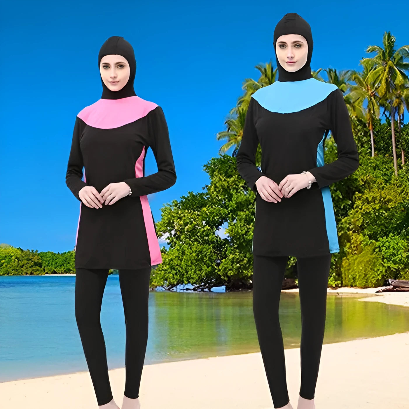 Conservative women's hooded swimsuit with long sleeves and separate top and bottom in black with colour trim