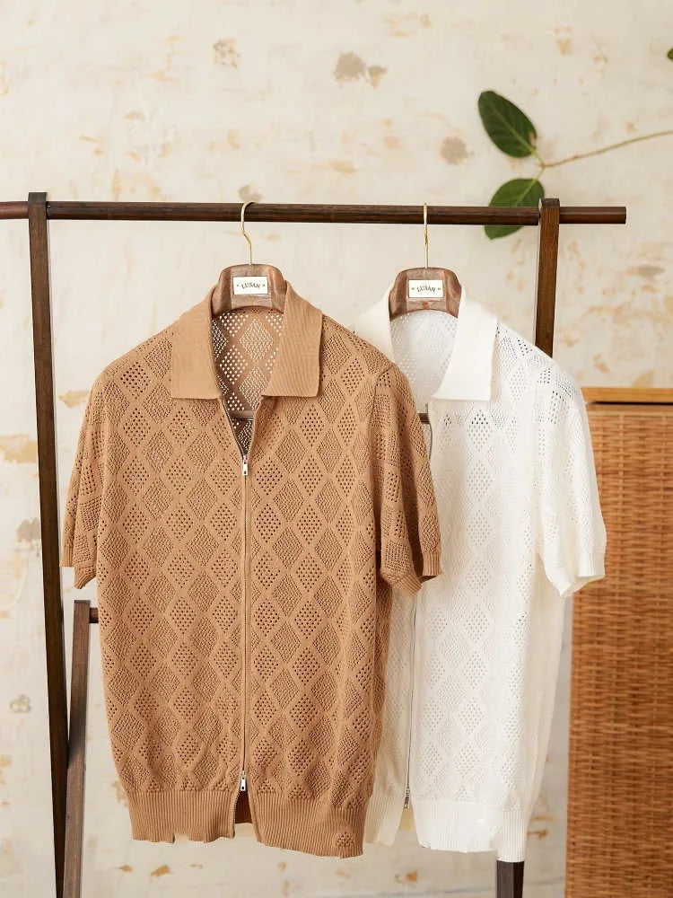 Light brown cotton short sleeve cardigan with lapel collar and full-length front zipper.