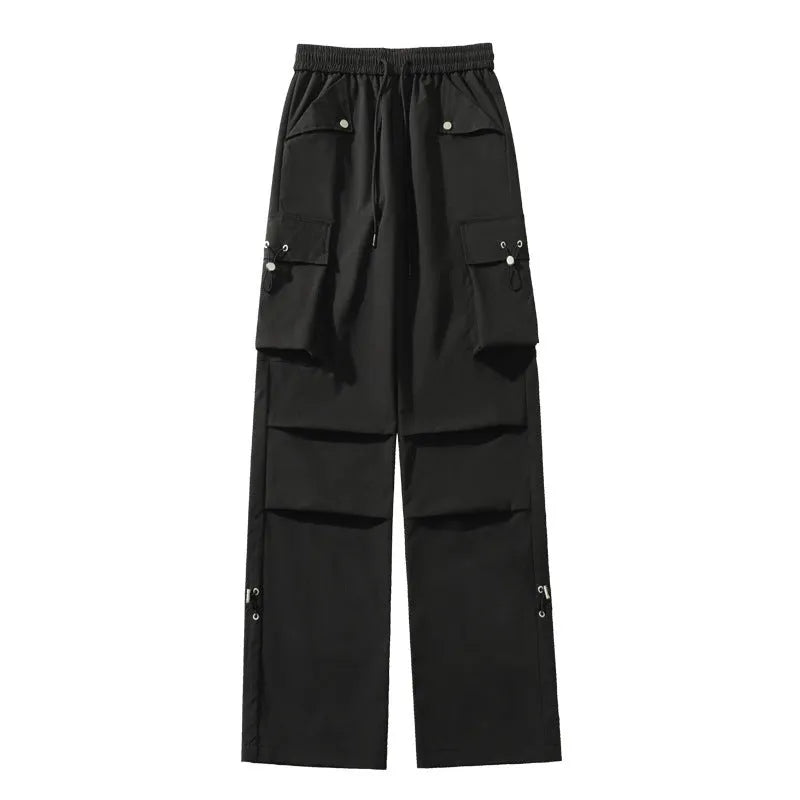 Plus size black waterproof straight-leg trousers with an elasticated drawstring waist.