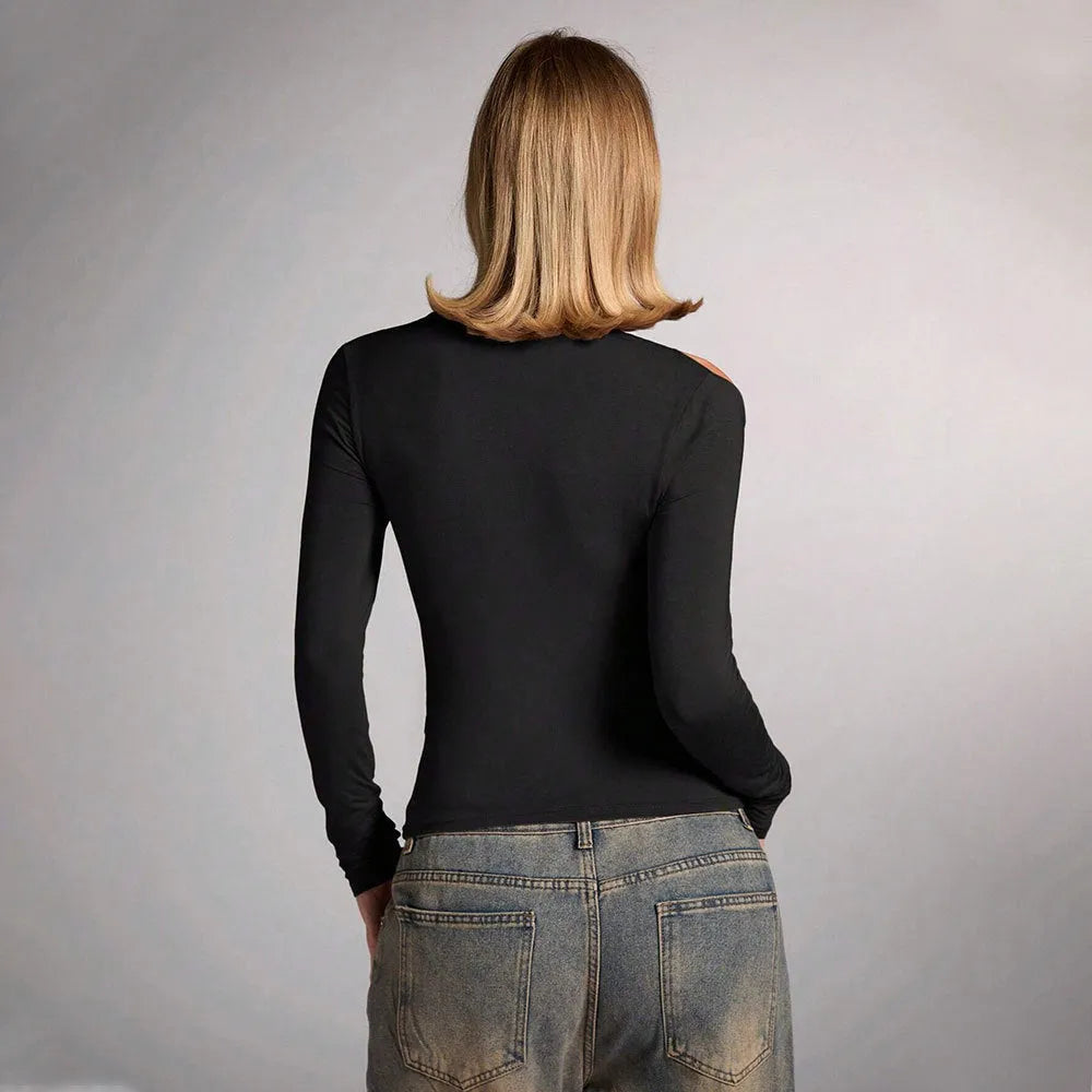 Black women's halter neck slim fit top with shoulder-baring design