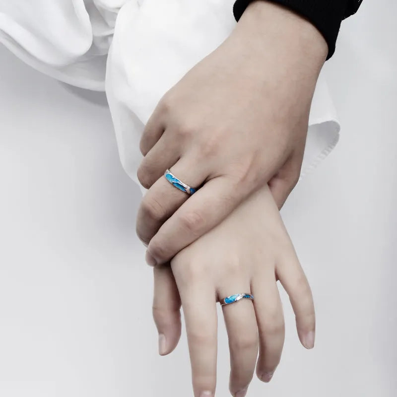 Silver adjustable couple ring with dolphin zodiac motif on white background
