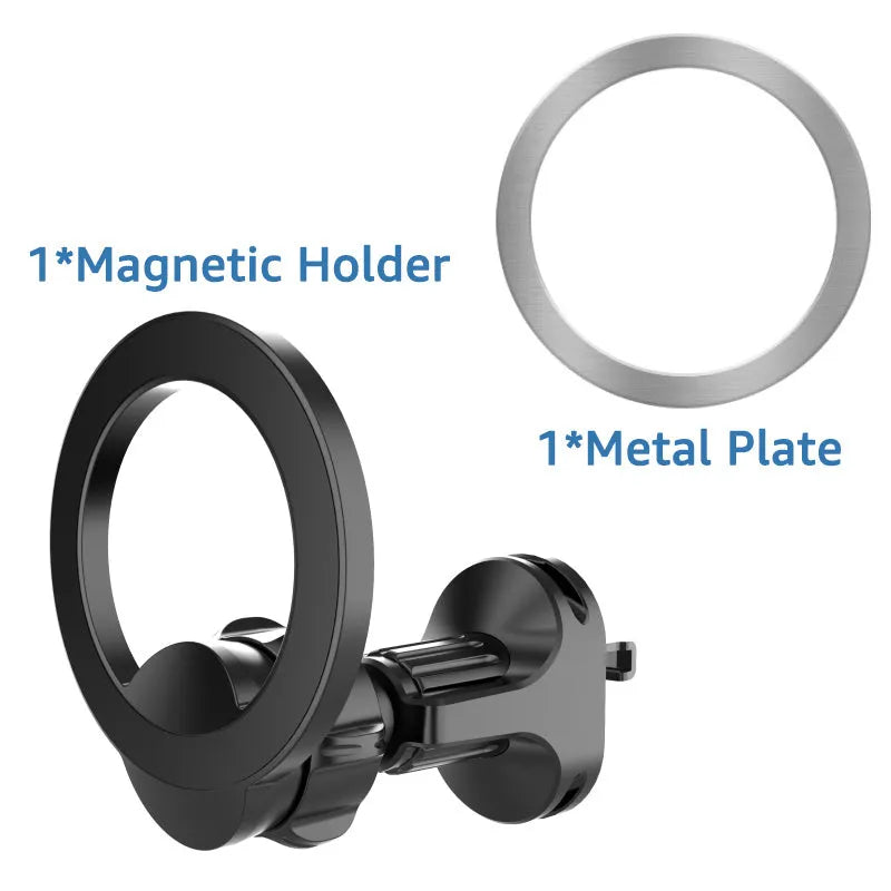 Black magnetic car phone holder attached to vehicle air vent