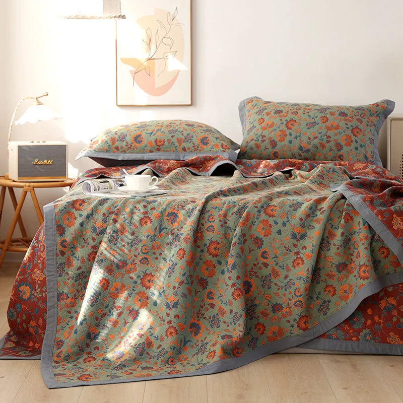Cotton gauze bed blanket three-piece set with floral pattern in three size options