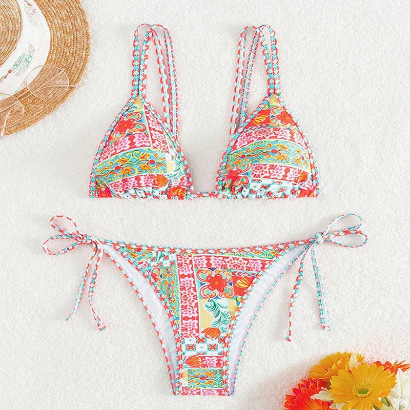 Women's lace-up front swimsuit with high-cut split leg design in polyester spandex fabric