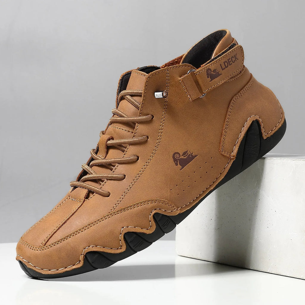 Men's khaki high top octopus shoes with round toe and rubber sole.