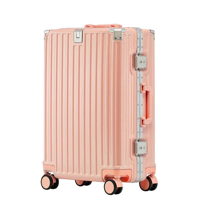 Hard-shell aluminium frame suitcase in avocado green colour with USB port and universal wheels.