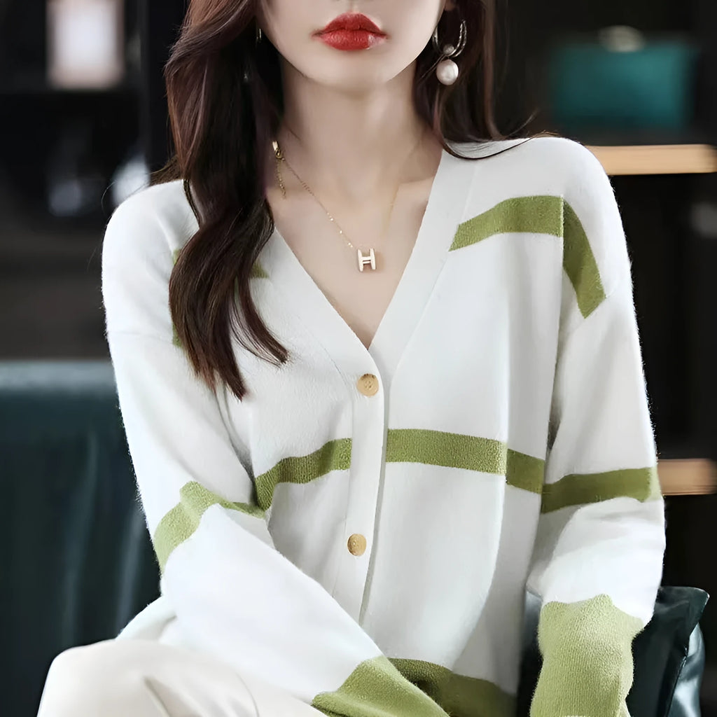 Women's striped V-neck knitted cardigan with 3D pattern and button front in slim fit