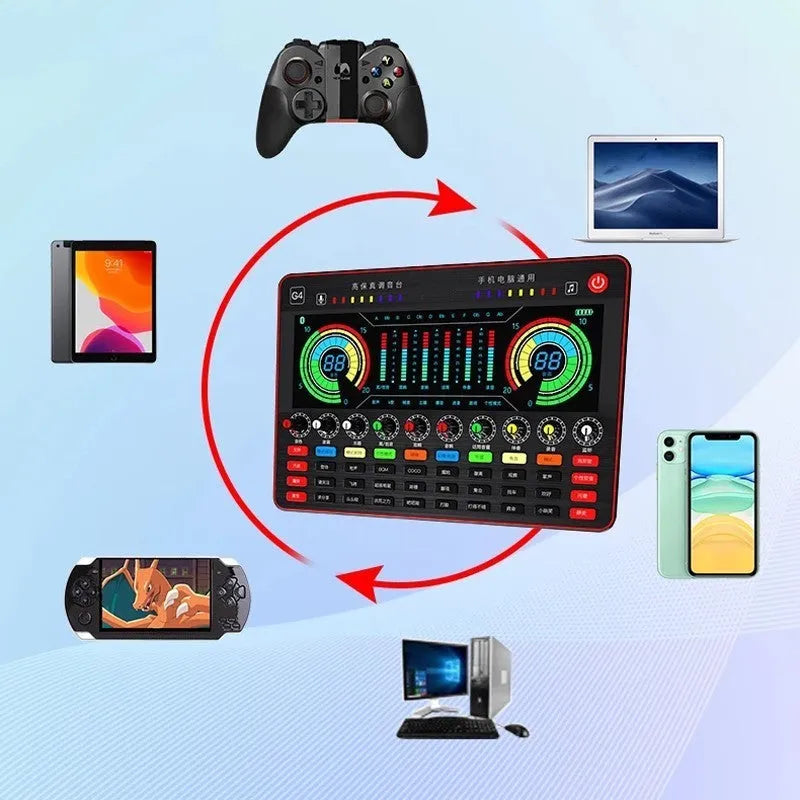 G4 professional sound card mixer with LCD screen, microphone, and remote control for live streaming.