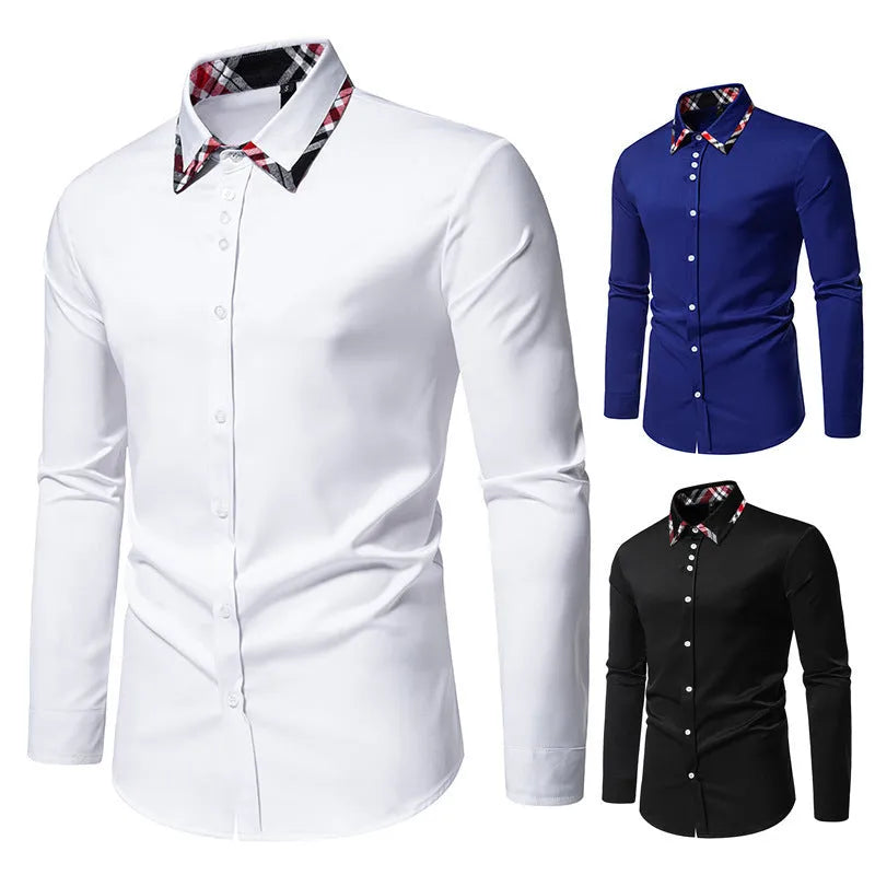 Men's blue plaid long sleeve shirt with triangle collar on hanger