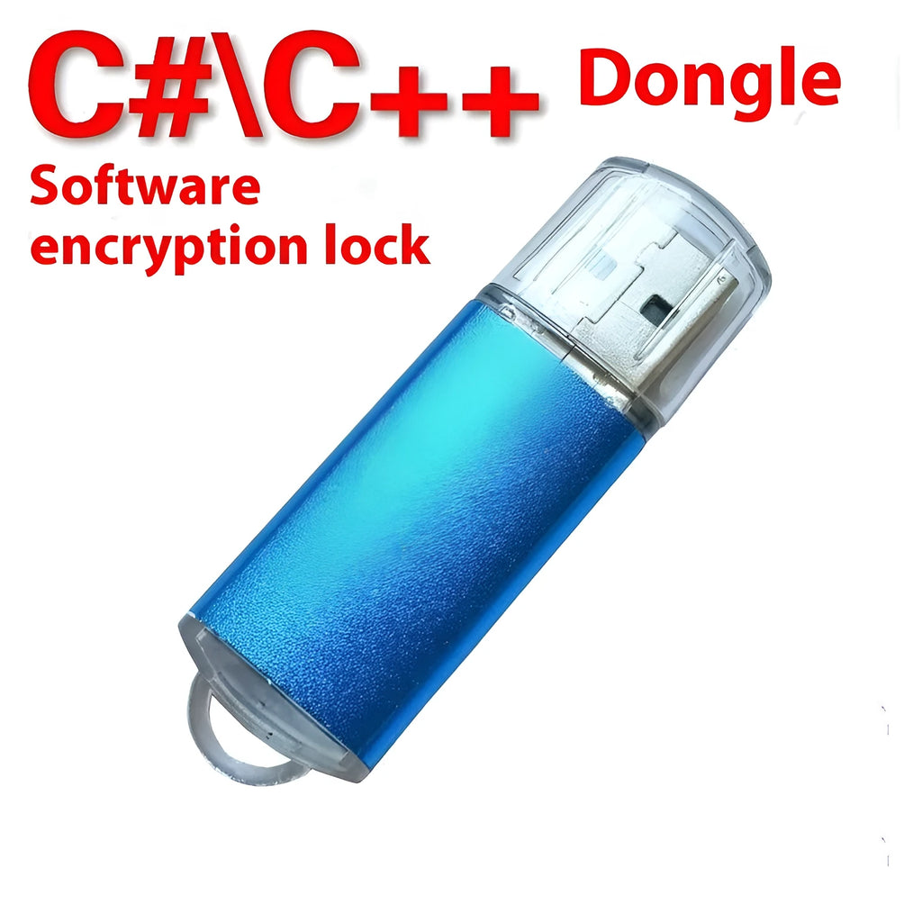 USB software encryption dongle with metal shell in multiple colours including black, blue, and red.
