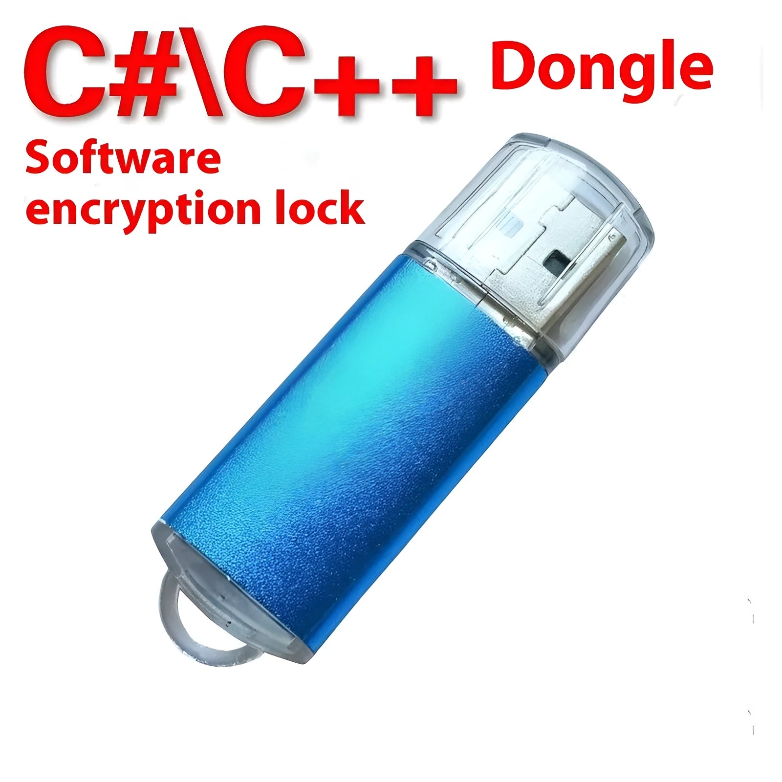 USB software encryption dongle with metal shell in multiple colours including black, blue, and red.