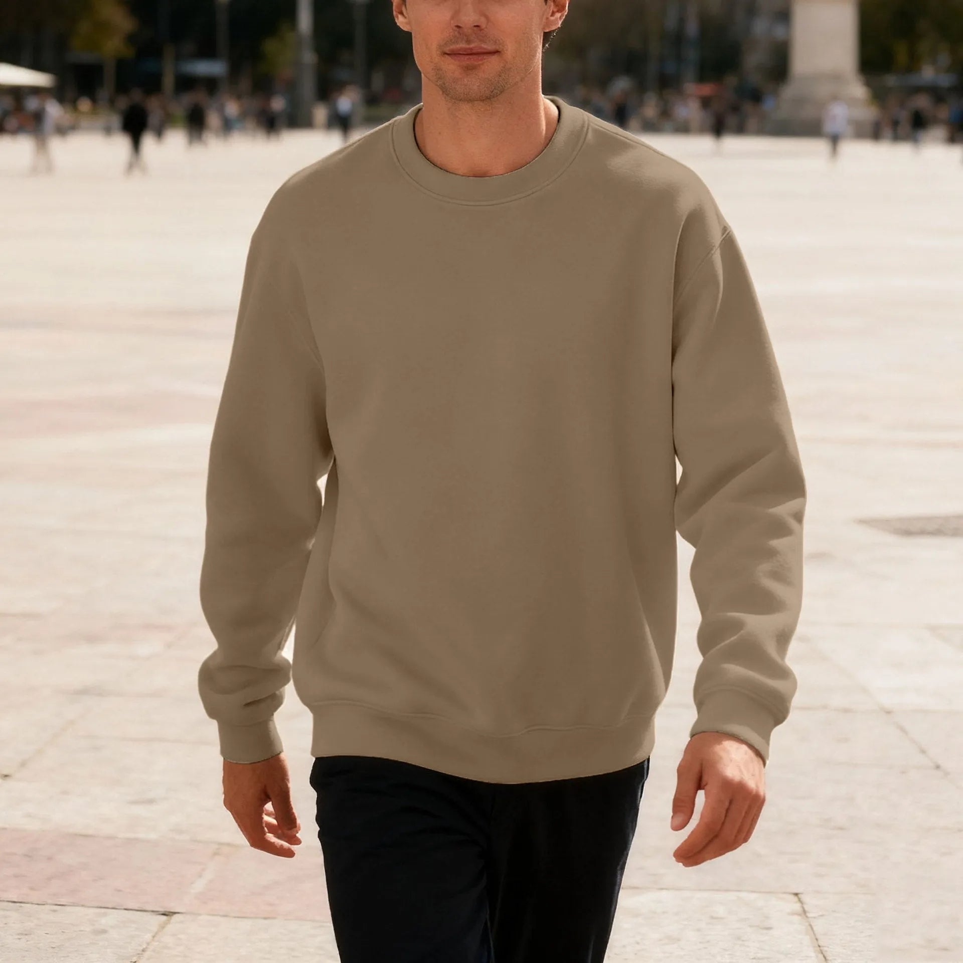 Men's loose oversized casual top in solid colour, long sleeve, round neck, polyester fabric, autumn wear