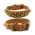 Retro studded spiked rivet PU faux leather dog collar in blue with metal D ring buckle on white background
