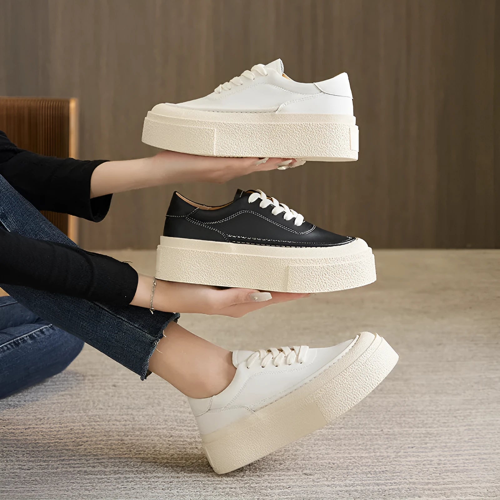 Women's black platform sports shoes with embossed cowhide upper and rubber sole