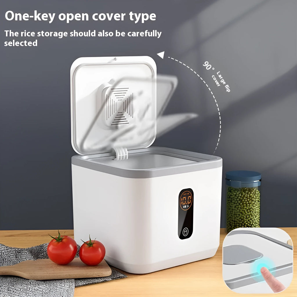 Grey plastic insect-proof rice storage jar with a measuring cup, shown in different size options.