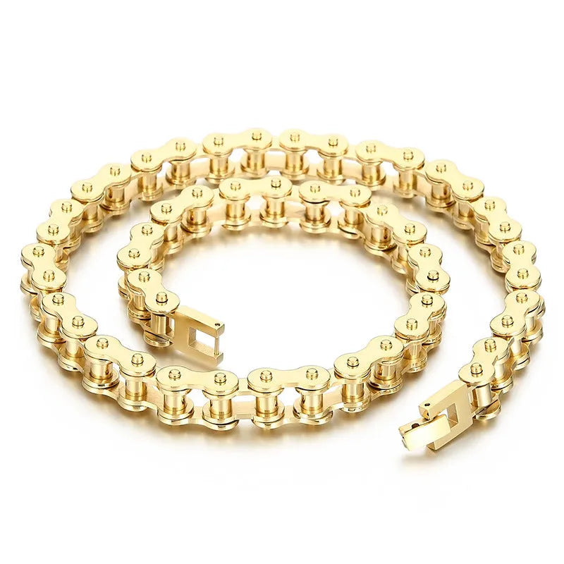 Titanium steel bike chain necklace for men polished geometric punk style 51-80cm adjustable gold and steel colour
