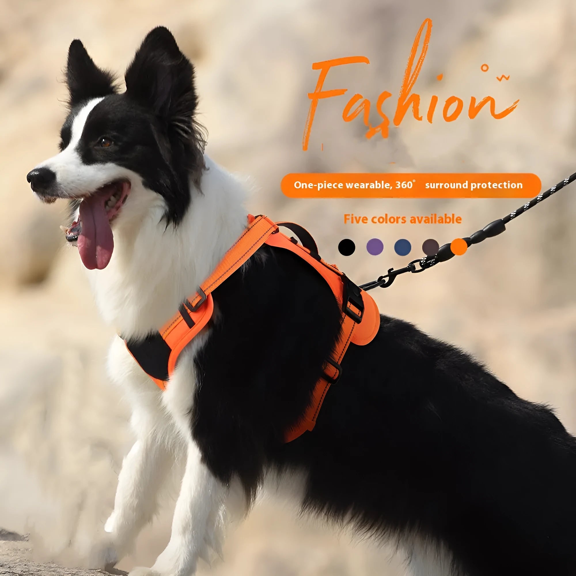 Reflective orange dog harness with explosion-proof breast strap and integrated hand holding rope