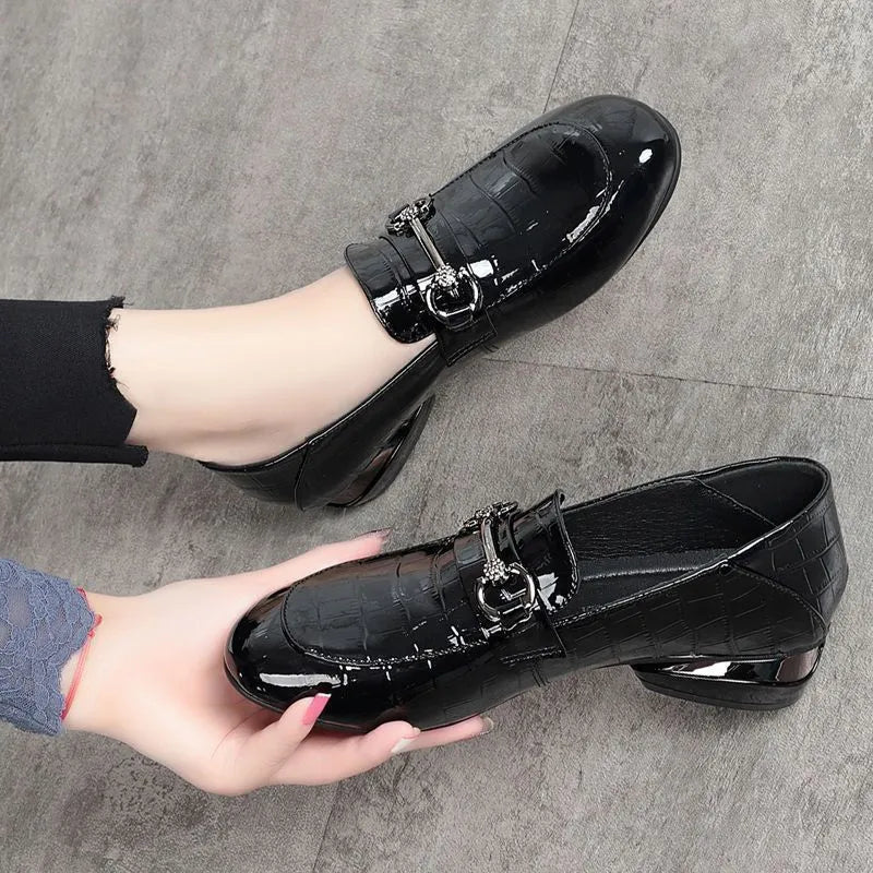 Soft leather British style shiny PU slip-on high heel shoes for women in black with rhinestones and buckle