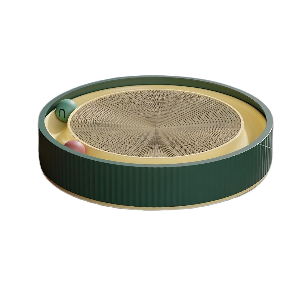 Large green cardboard cat scratching board with three coloured ball toys attached on a flat surface.