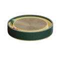 Large green cardboard cat scratching board with three coloured ball toys attached on a flat surface.