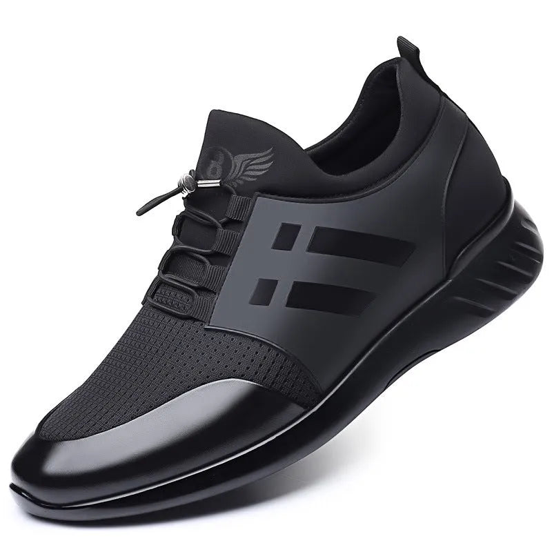 Men's black height increasing casual shoes with 8cm lift in leather, mesh, and Lycra upper options