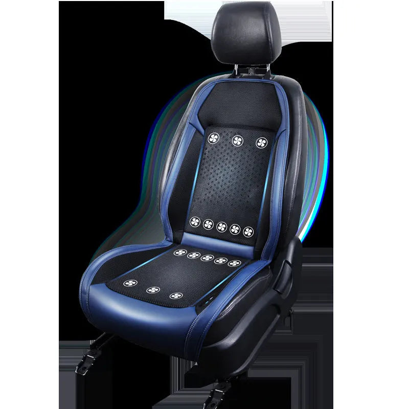 Car cooling seat cushion with ventilation fan in black colour on driver's seat with 12V power connection