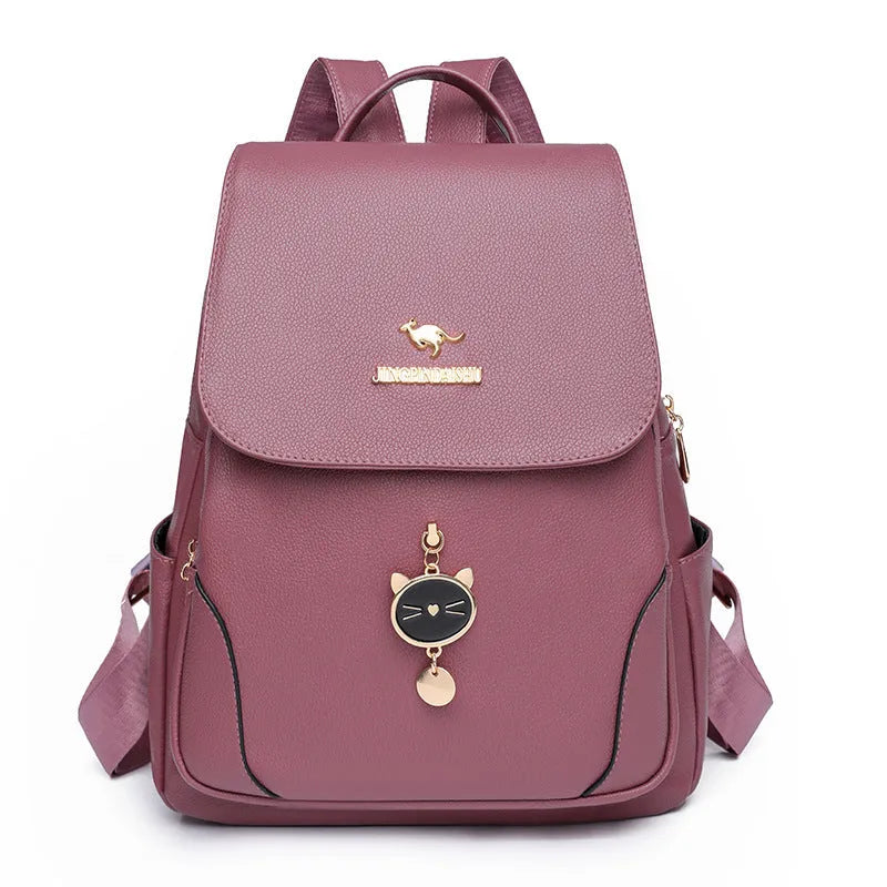 Women's soft PU leather backpack in street trend style with three-dimensional pocket