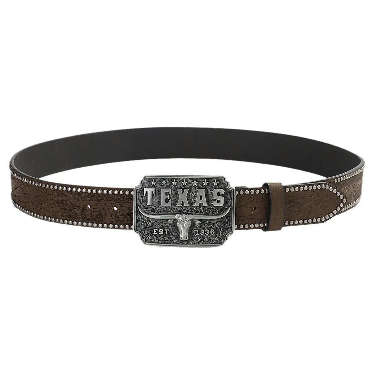 Brown PU leather belt with alloy cow head buckle, 120cm length, western retro style