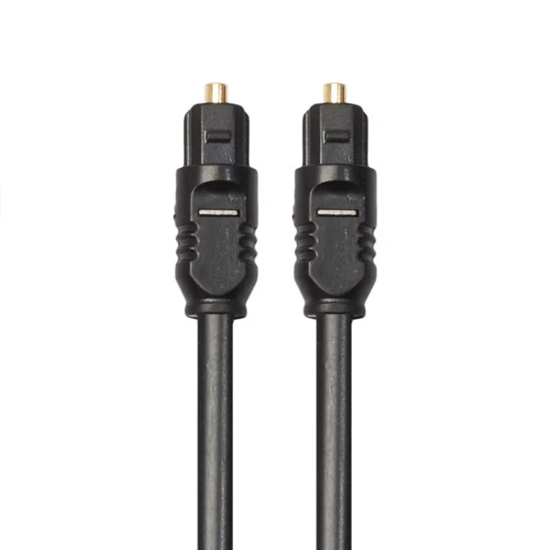 Black 2-metre digital optical Toslink audio cable with square connectors on opposite ends.