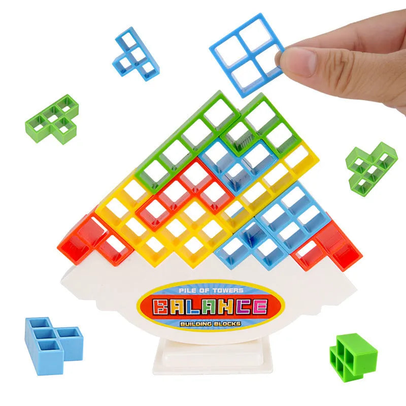 Plastic balance stacking game with 16 colourful building blocks on chassis