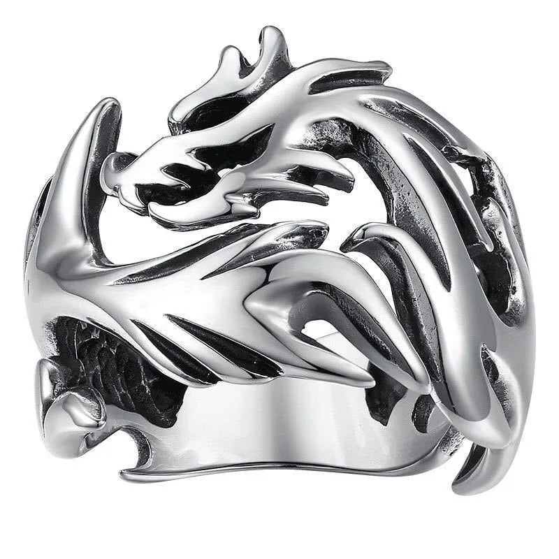 Chinese style luminous dragon pattern adjustable ring in antique silver blue and green.