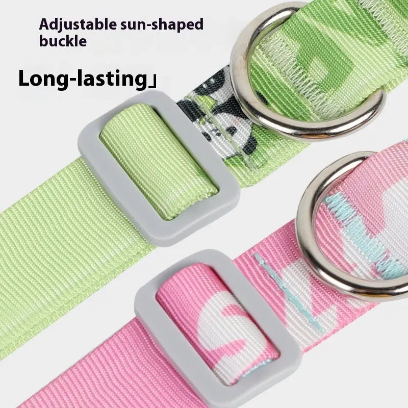 Adjustable nylon dog collar with cartoon gradient printing in gradient colour or panda green, sizes S M L.