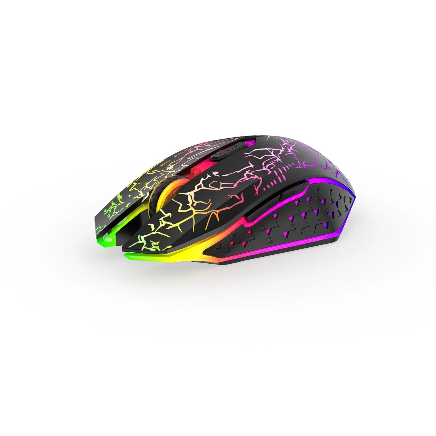Black and white dual-mode wireless gaming mouse with luminous breathing light on desktop