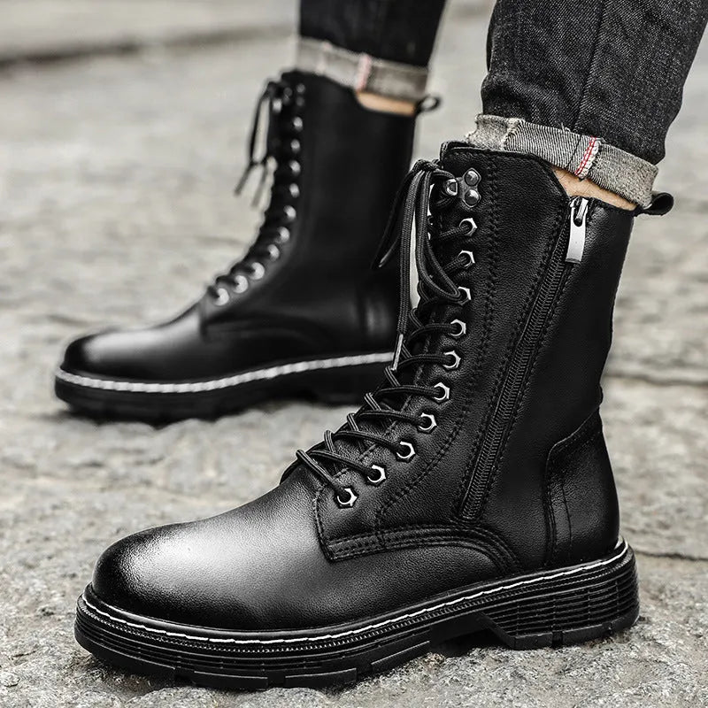 Men's black genuine leather high-top Martin boots with round toe and lace-up closure