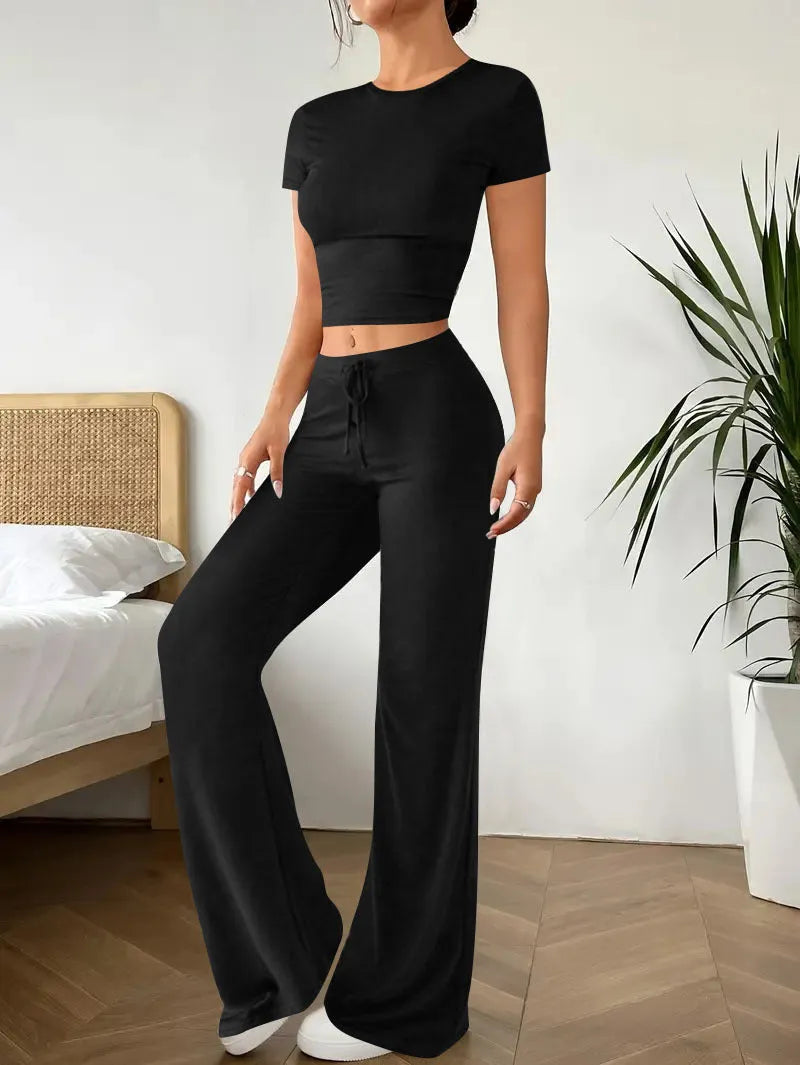 Black women's polyester high waist trouser and short sleeve t-shirt suit set