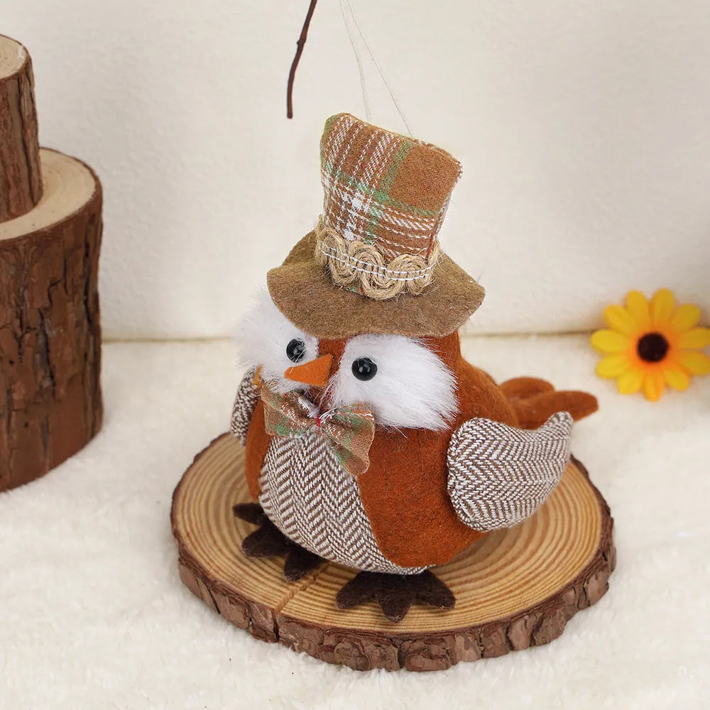 Colourful harvest bird owl pendant ornament for Thanksgiving decor in orange or green