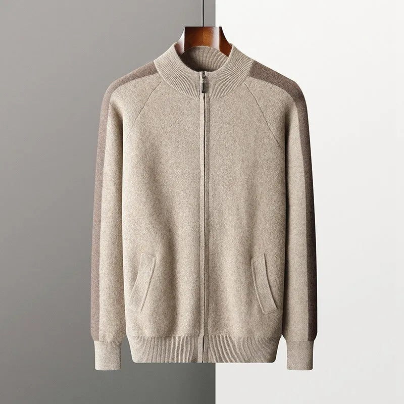 Men's cashmere wool blend sports cardigan suit set with half turtleneck zipper top and trousers