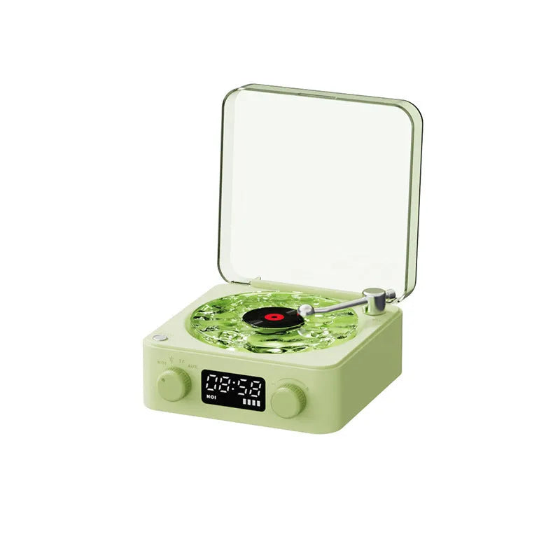 Retro turntable speaker with transparent water ripple turntable, Bluetooth 5.0, and white noise feature in a compact design