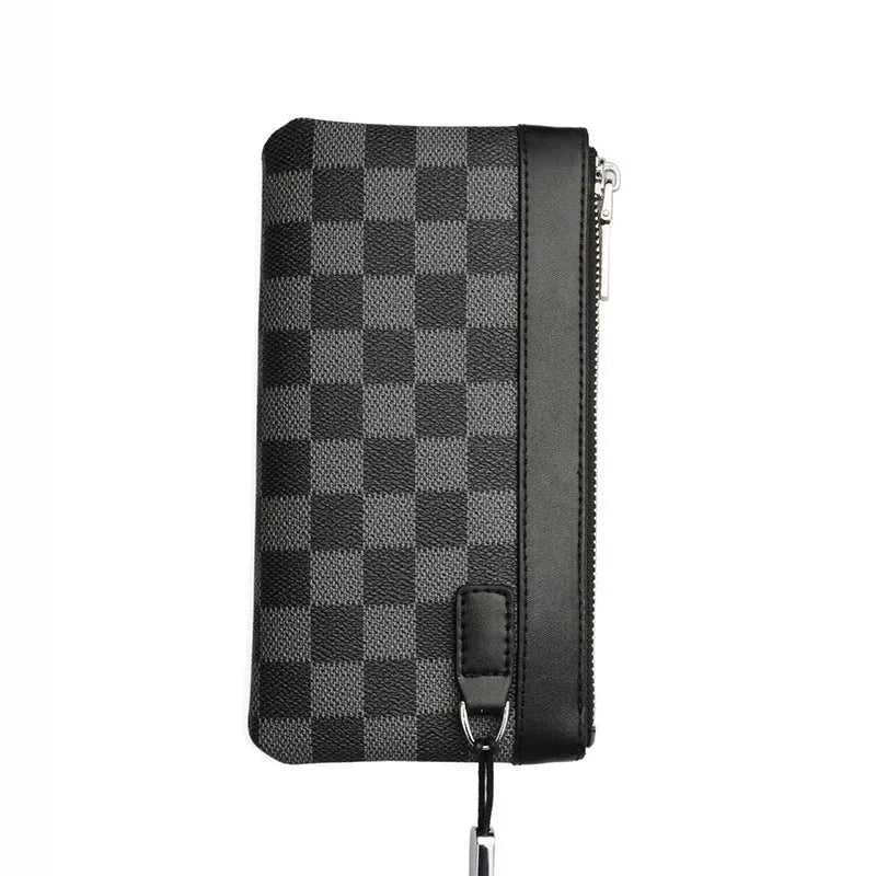 Black plaid men's leather clutch wallet made from genuine cowhide, showing front view.