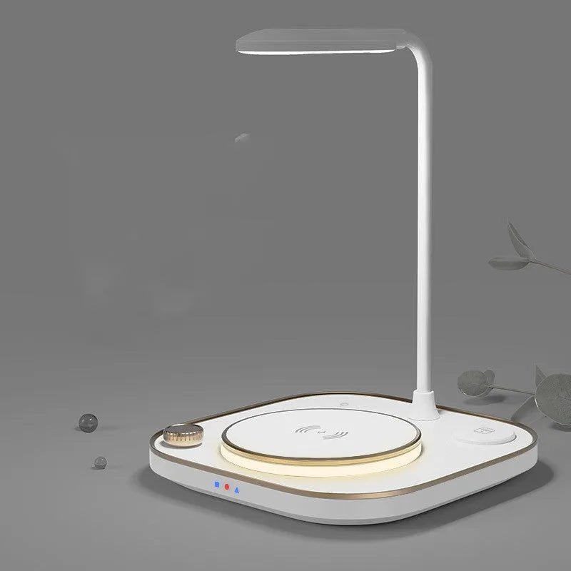 Wireless magnetic charging station with integrated desk lamp in black, green or white colours