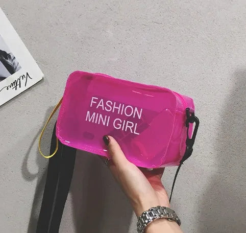 Transparent square jelly women's shoulder bag with an adjustable long strap, shown in multiple colours.