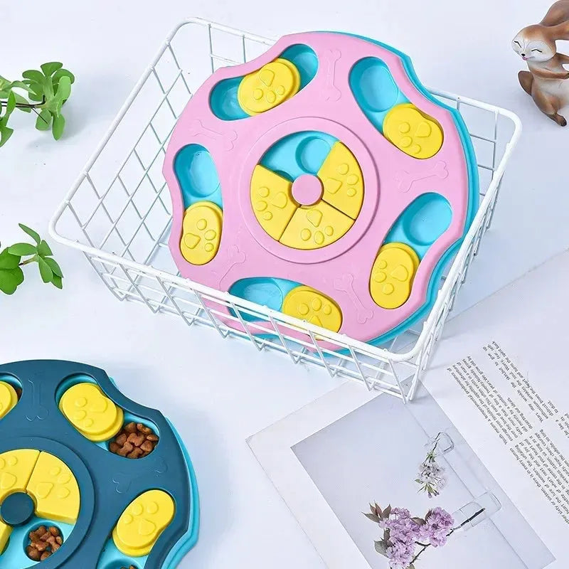 Blue dog puzzle feeder toy with sliding panels for food, measuring 24x24 cm