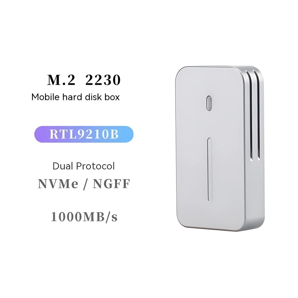 Aluminium alloy M.2 NVMe SSD enclosure measuring 5.2cm by 2.8cm