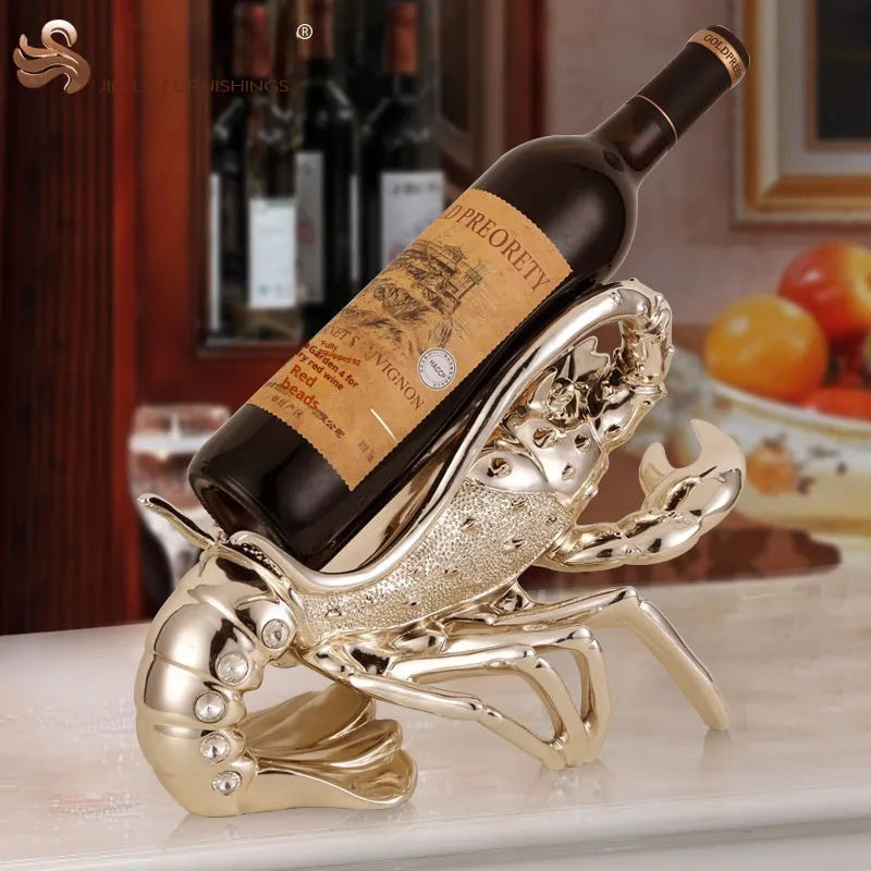 Lobster-shaped wine rack ornament in rose gold or silver metallic finish on tabletop