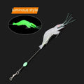 Six soft plastic fishing lures with hooks in various colours including luminous options on a blue background