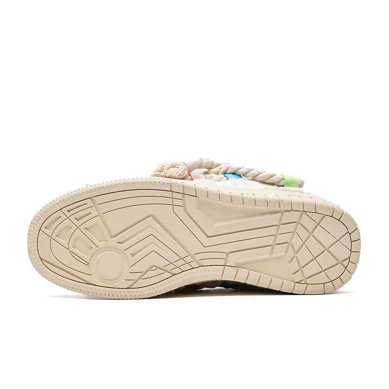 Creamy white retro skate shoes with old damage lace design and low-top platform construction