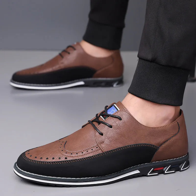 Men's casual leather shoes in khaki with a leather toe cap, fabric upper, and rubber sole.