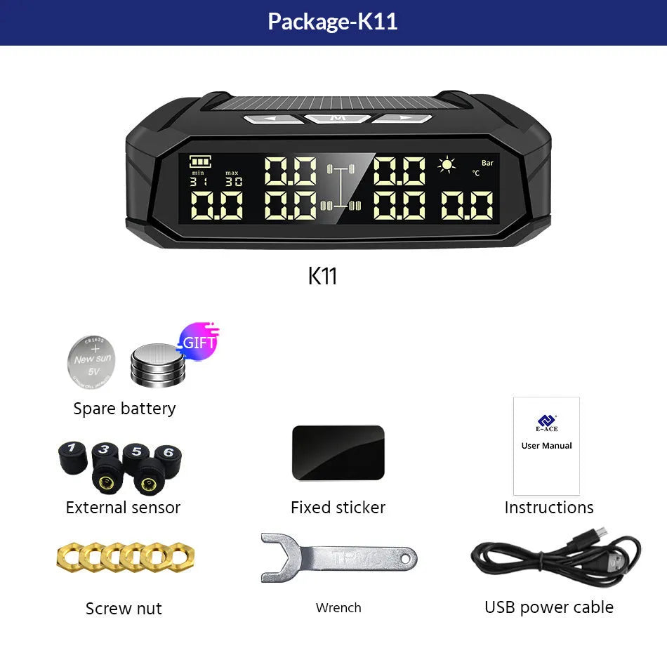 Solar-powered external tyre pressure monitor with colour display and six sensors for RVs and trucks
